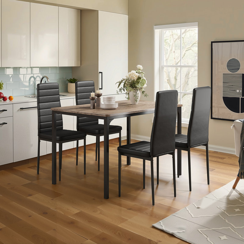 Ensemble de table de salle à manger 4 personnes en bois massif avec chaises en cuir et conception peu encombrante, Gris