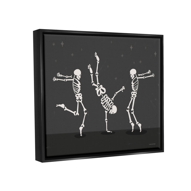Trois squelettes dansants, impression sur bois, Cadre flottant noir de jais, H 17 po x l 21 po x P 1,7 po
