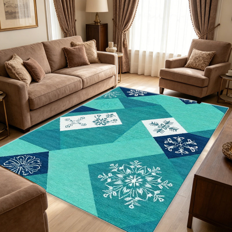 Teal Snowflake Pattern area rugs for Living Room, Soft and Comfortable, Suitable for all seasons, easy to maintain, machine washable Indoor floor mat, Under Table Farmhouse suitable for Bedroom, Dining Room, Study, Patio, Balcony, Home Decor