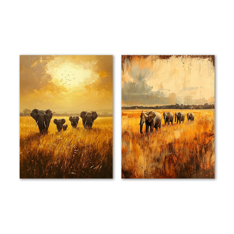 «Elephants Crossing the Savannah I», ensemble de 2 reproductions d'art mural en métal, 32" H x 48" W