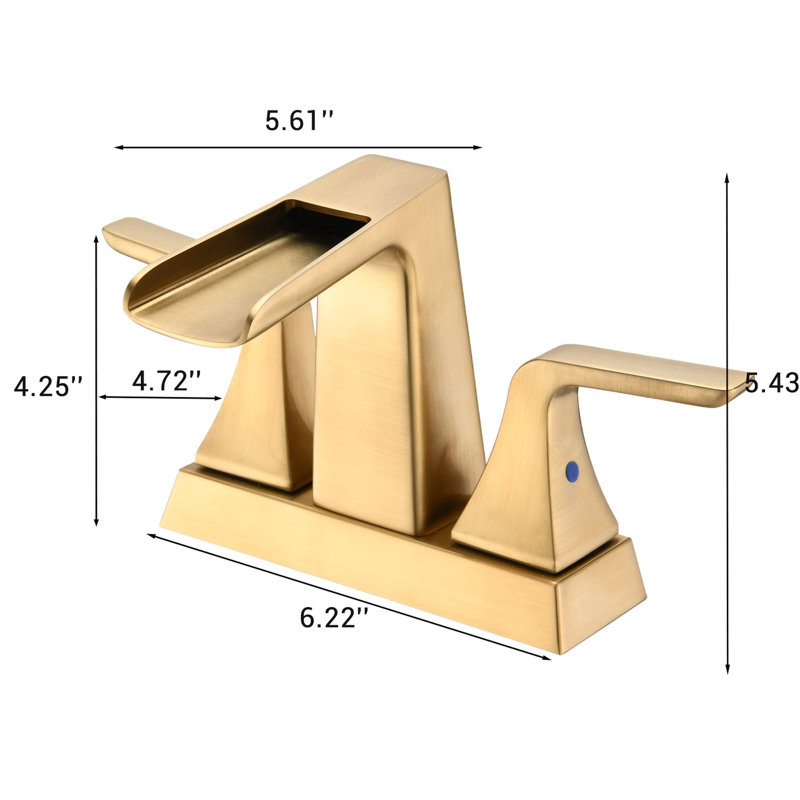 Two Handle Brushed Golden Bathroom Sink Faucet With 4 Inch Waterfall - Solid Brass Build For Durability And Stability Adjustable Water Temperature Double Handles Ceramic Cartridge Fits 2/3 4-Inch In