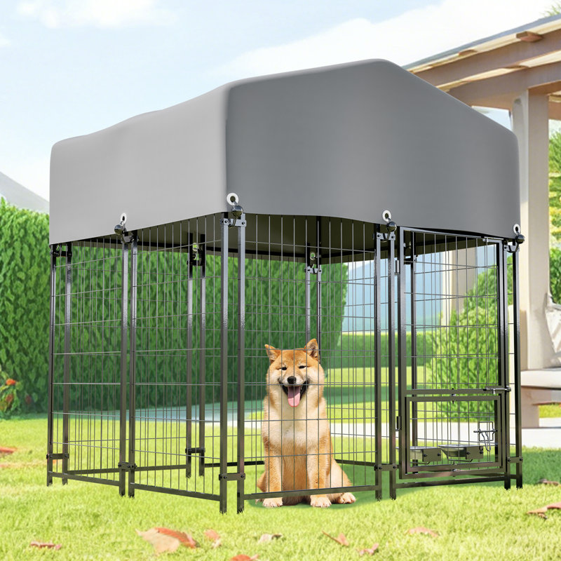 Chenil d'extérieur robuste avec toit, cage en métal soudé pour chien, enclos en métal résistant à la rouille avec double verrouillage, couvercle résistant aux rayons UV et mangeoire rotative à 360 ° pour chiens de taille moyenne / grande