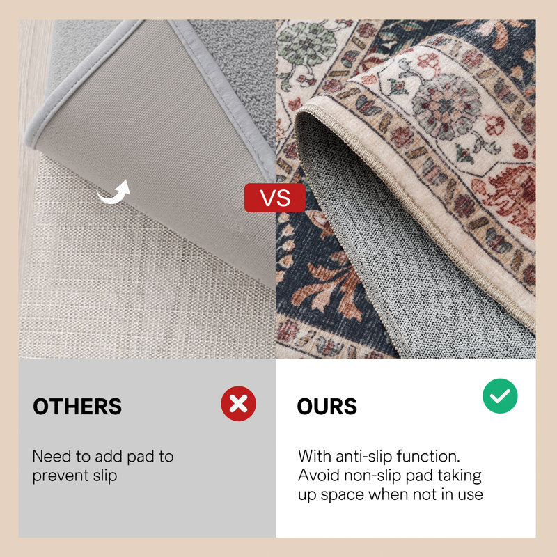 Cherry Machine Washable Oriental Area Rug with Non-Slip Backing, Rectangle 5' x 7'