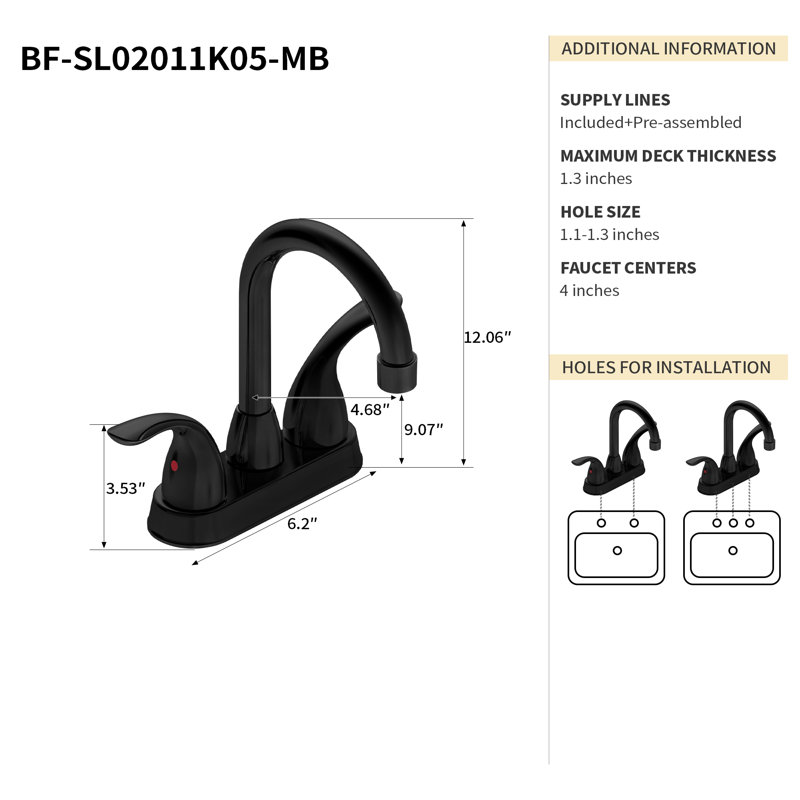 Lenna 12.06" CUPC Certified 2-handle Bathroom Sink Faucet, Matt Black