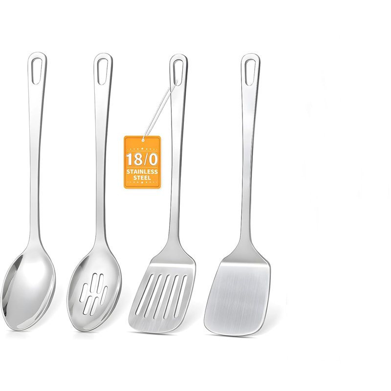 Ensemble d'ustensiles de cuisine 4 pièces en acier inoxydable 18/0 - Spatule Wok, Turner fendu et cuillères pour batterie de cuisine antiadhésive