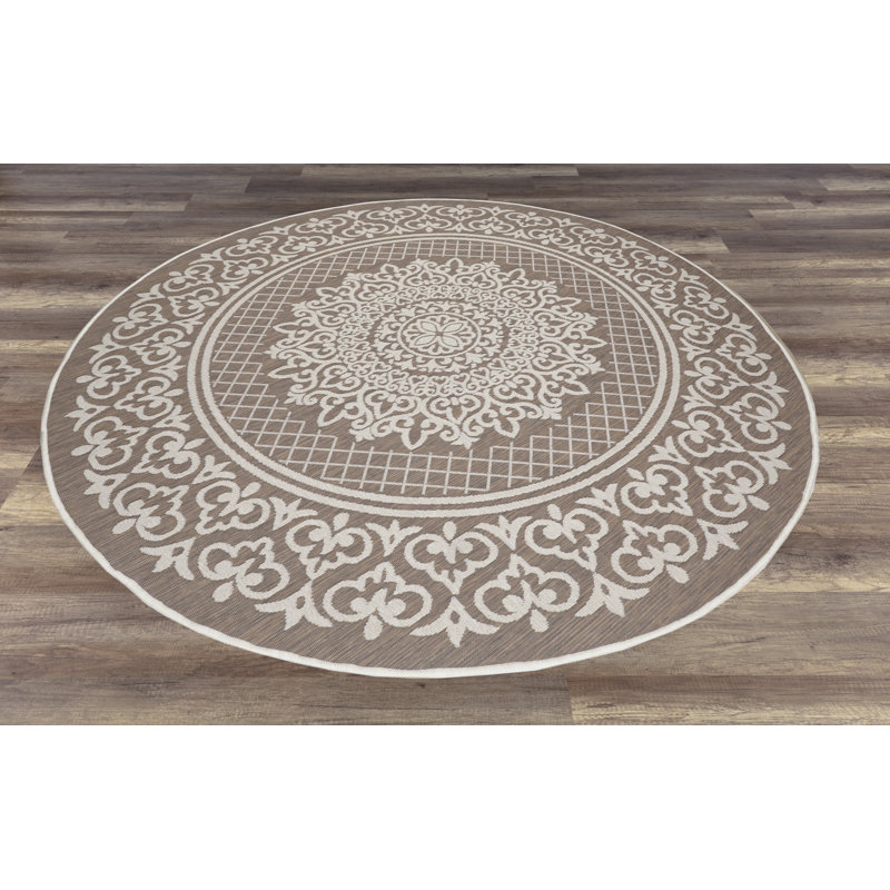 Tapis floral brun / beige intérieur / extérieur Floral, Rond 6 pi 7 po