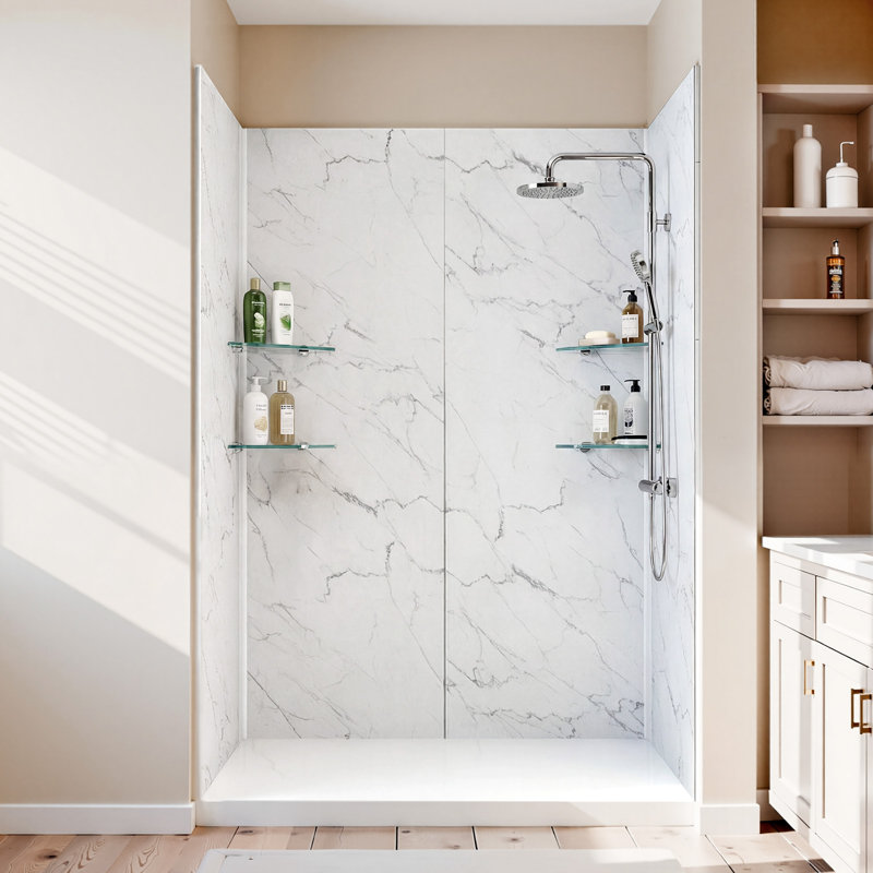 Shower Wall Panels, 60" W x 32" D x 80" H, 0.2" (5 mm) Thick, 4-Panel Waterproof SPC Shower Surround Kit, Quick Install and Trimmable Bathroom Tub Wall Panel Surround Kit with 4 Glass Shelves