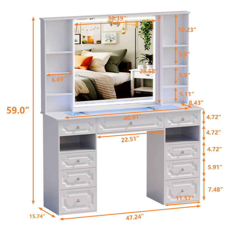 Vanity Set With Extra Large Lighted Mirror, Top Dressing Table With 9 Drawers, Makeup Vanity With Storage Bench, European Style Vanity, Adjustable Brightness Vanity For Bedroom(white-b)