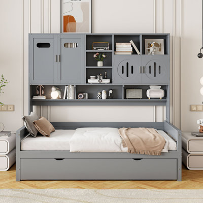 Lit de jour simple en bois avec lit gigogne simple, armoire et tablette tout-en-un
