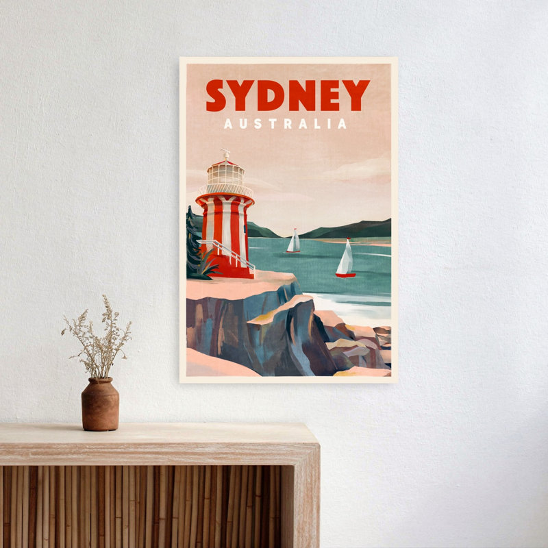 Phare de Sydney, art nautique, voyage, rétro, rétro, architecture abstraite, art mural côtier, 24" H x 16" W