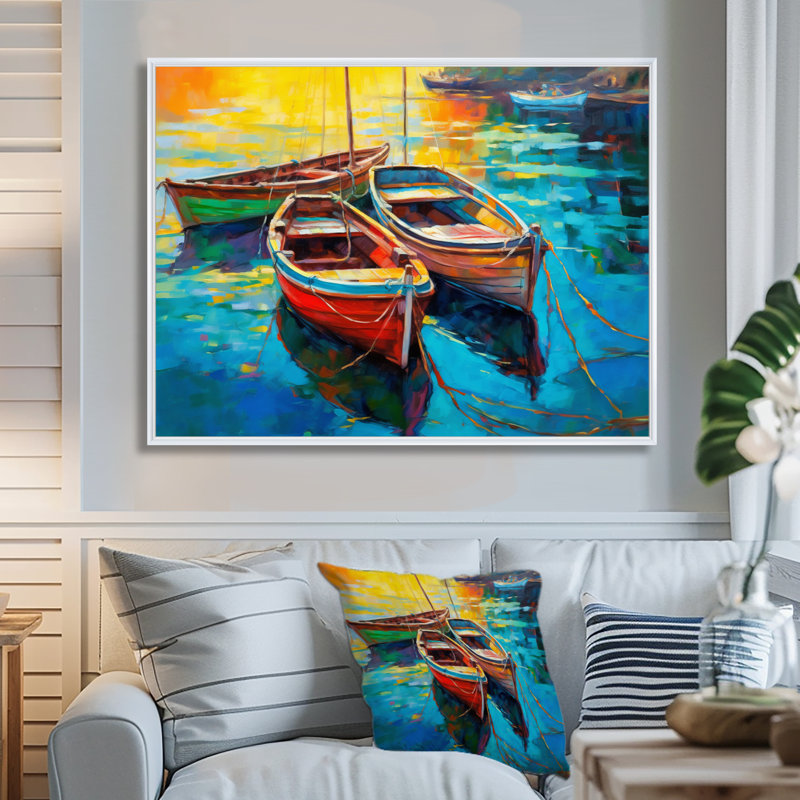 Trois bateaux dans le port I - impression sur toile Coastal Port, H 30 po x l 40 po x P 1,5 po, Cadre flottant blanc