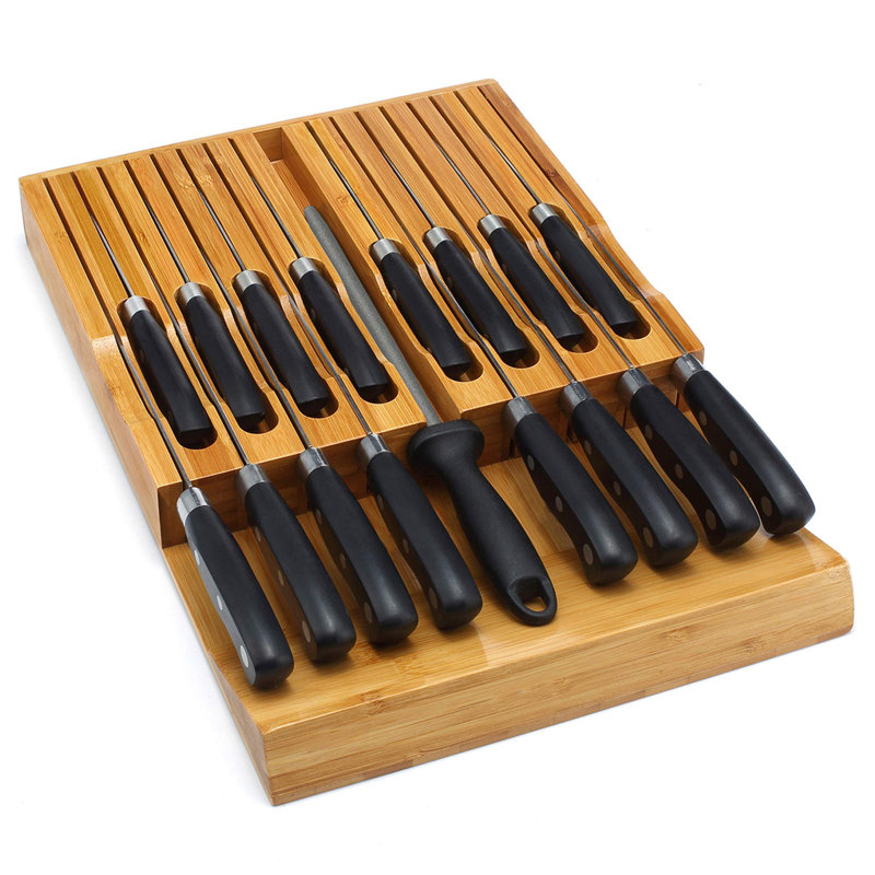 Porte-couteaux intégré dans le tiroir, porte-couteaux en bambou, rangement pour 16 couteaux de cuisine et une fente pour votre affûteur (sans couteaux)
