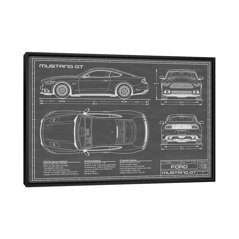 Mustang GT (2015-2017) - reproduction de dessin, H 18 po x l 26 po x P 1,5 po, Toile avec cadre noir, Pas de tapis