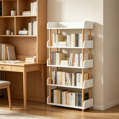 Bibliothèque moderne en bois ouverte, bibliothèque à 5 niveaux avec rebord supérieur et structure en bois massif