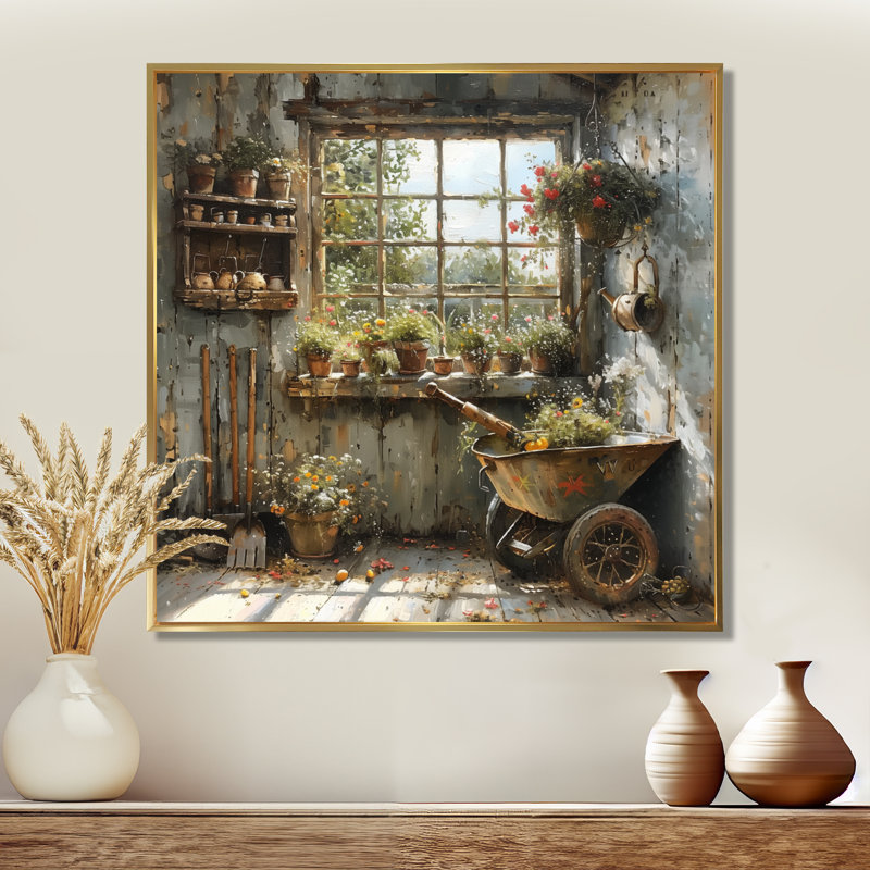 «Grey green a rustic charmante abri de jardin», reproduction sur toile, H 36 po x l 36 po, Cadre flottant doré, bois massif
