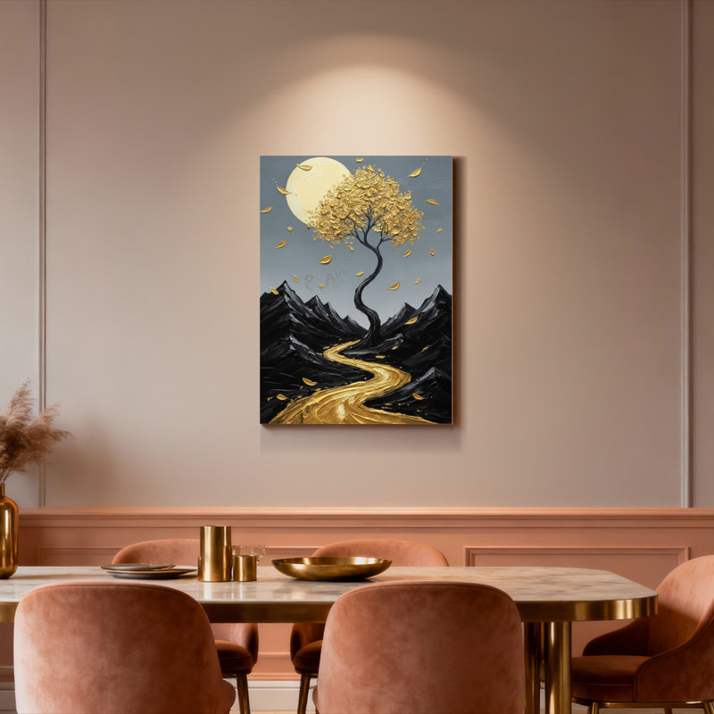 Ensemble de 1 tableau sur toile tendue représentant un paysage d'arbre doré et de lune, H 18 po x l 12 po