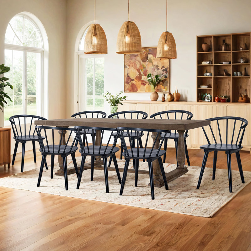Ensemble de table de salle à manger rustique en bois massif avec chaises noires modernes