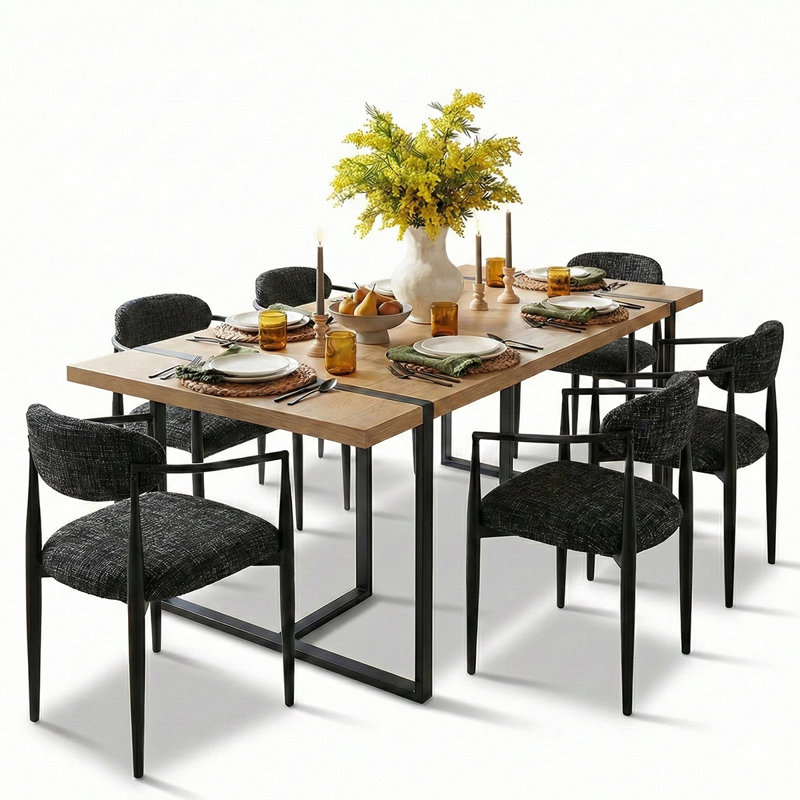 7-Piece Modern Industrial Rectangular Dining Table Set For 6, Black