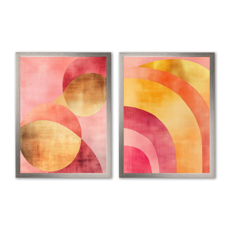 Blush doré abstrait, art mural 2 pièces, rosé et arcs dorés, toile métallique rose, H 32 po x l 48 po, Silver Picture Framed