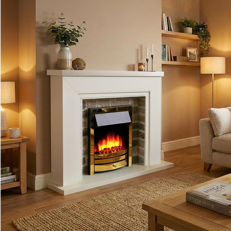 Flamborough Fireplace Castleton Fires & Fireplaces 120cm W White Wood Electric Fireplace with 6824.28 BTU, White/Brass