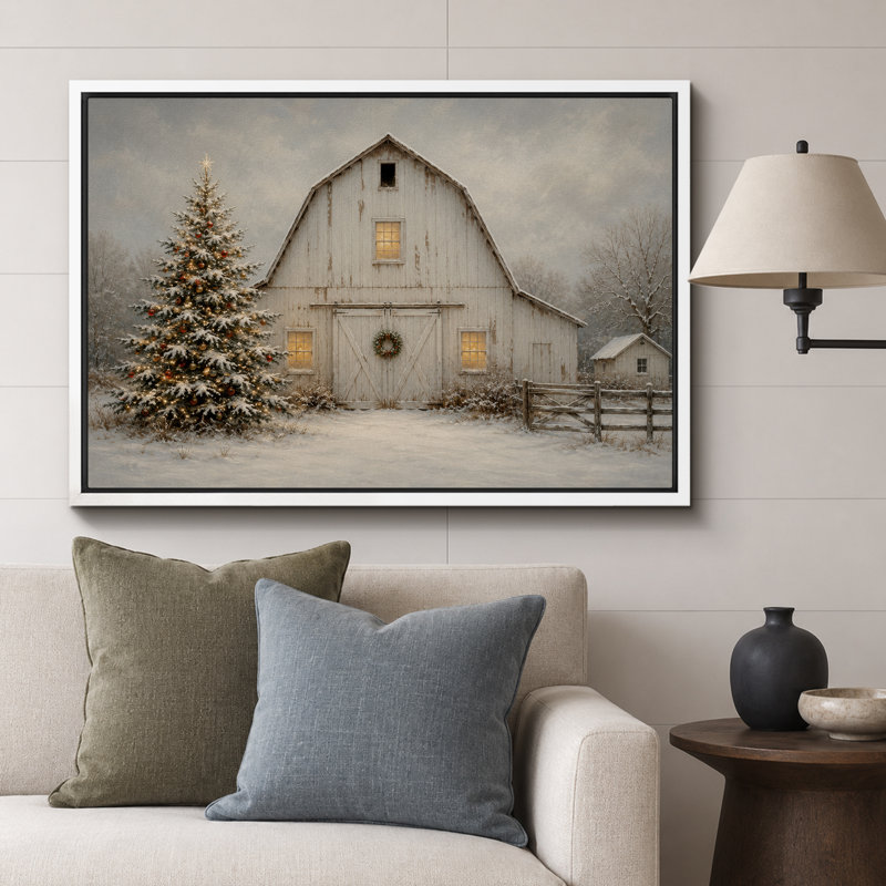 Œuvre de Noël grange de Noël, photos de salon, impression sur toile encadrée, H 16 po x l 24 po x P 1,5 po, Cadre blanc