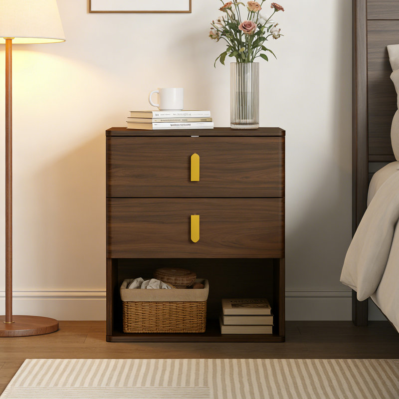 Modern Walnut Nightstand With 2 Drawers and Open Shelf