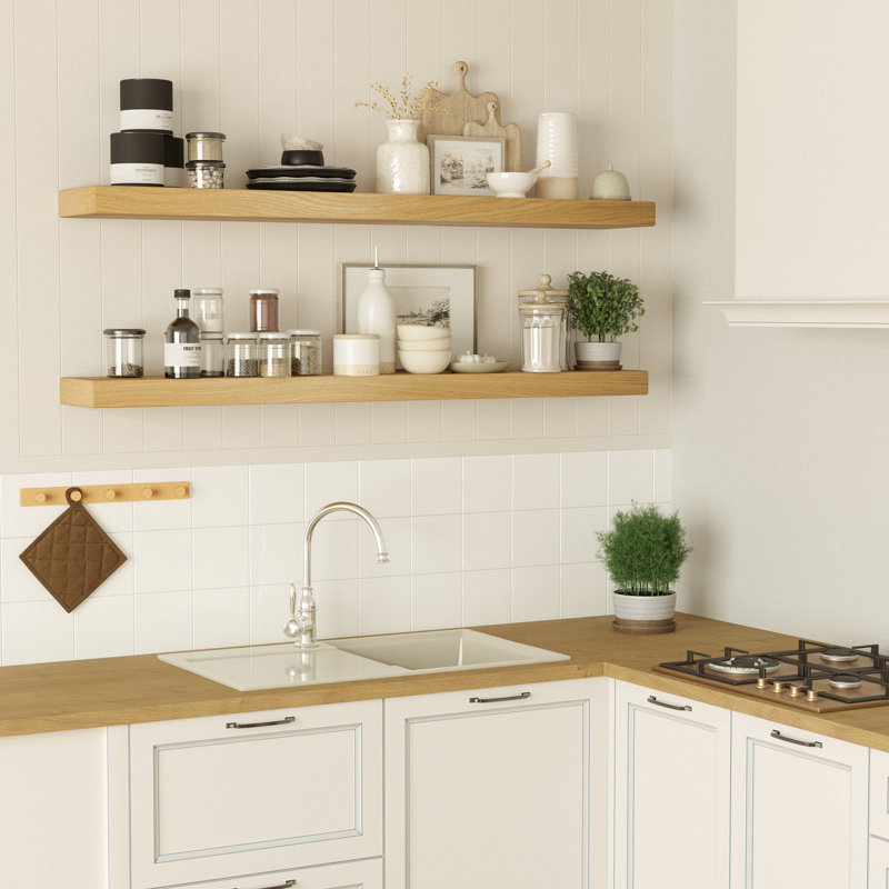 Long manteau de cheminée, bibliothèque flottante avec support caché, tablette murale pour décor de cuisine, tablette de bureau, décor de maison de campagne et rustique, placage de chêne blanc épais, aménagement intérieur, finition naturelle