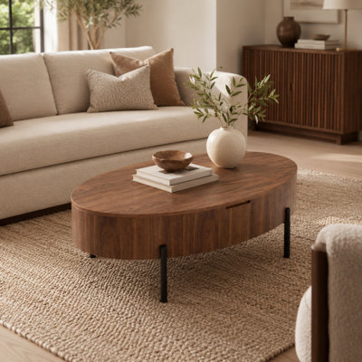 Caston 43.3" Lift-Top Oval Coffee Table with Hidden Storage, Wood Veneer MDF, Soft-Close Hydraulic Mechanism, Height-Adjustable Modern Coffee Table for Living Room