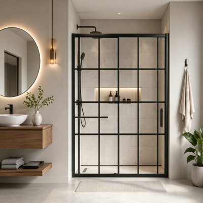 48"W x 72"H Single Sliding Aluminum Framed Shower Door with Black-Grid Tempered Glass and Protective Treatment