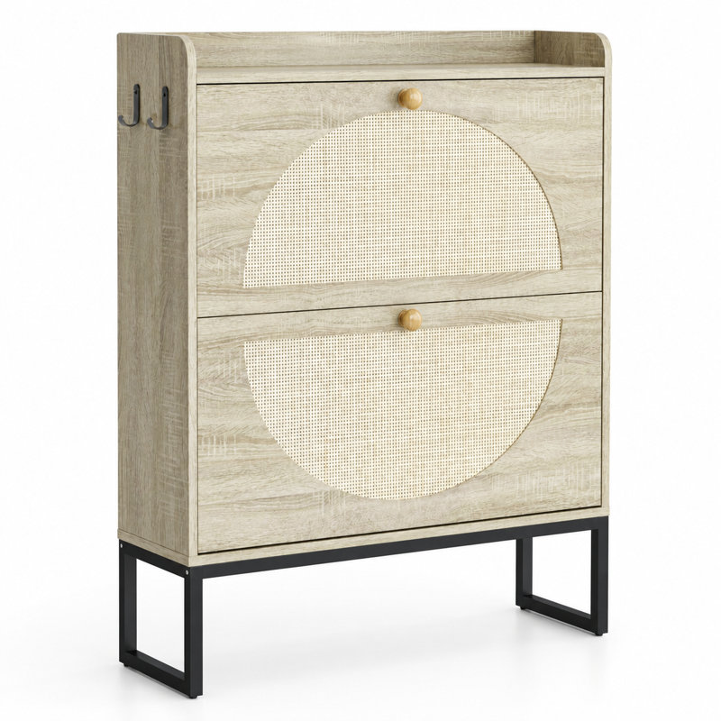 Meuble à chaussures avec porte en rotin, 80 cm (31,5 pouces), rangement pour chaussures avec 2 crochets, bois naturel