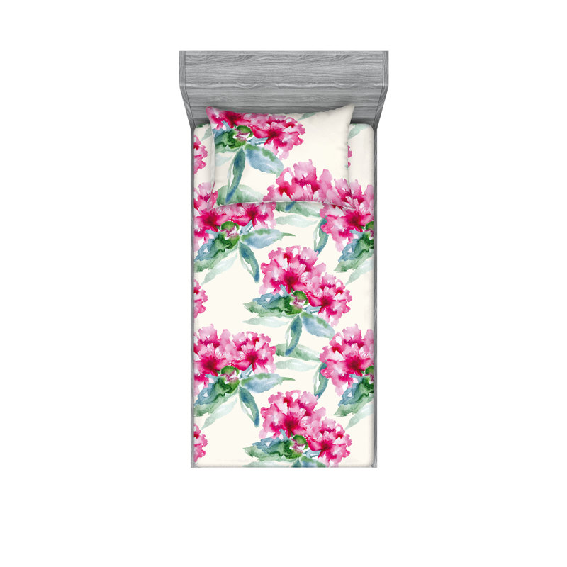 Drap-housse et taie décorative Ambesonne Fleurs de jardin romantiques corail foncé vert