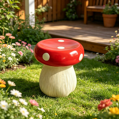 13.8" Oversized Mushroom Statue Stool, Resin Garden Stool with Forest Base, Multi-Purpose Decorative Stool for Courtyard, Lawn, Indoor & Outdoor Summer Decoration