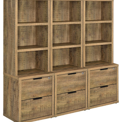 3 Wall Unit Bookcase With Mango Finish, Ports, And Secure Drawers - Contemporary Style For Primary Living Space, 62.52H X 59.39W 15.5D, Open Shelving Books Decor Three Color, Closed Back Shelves,