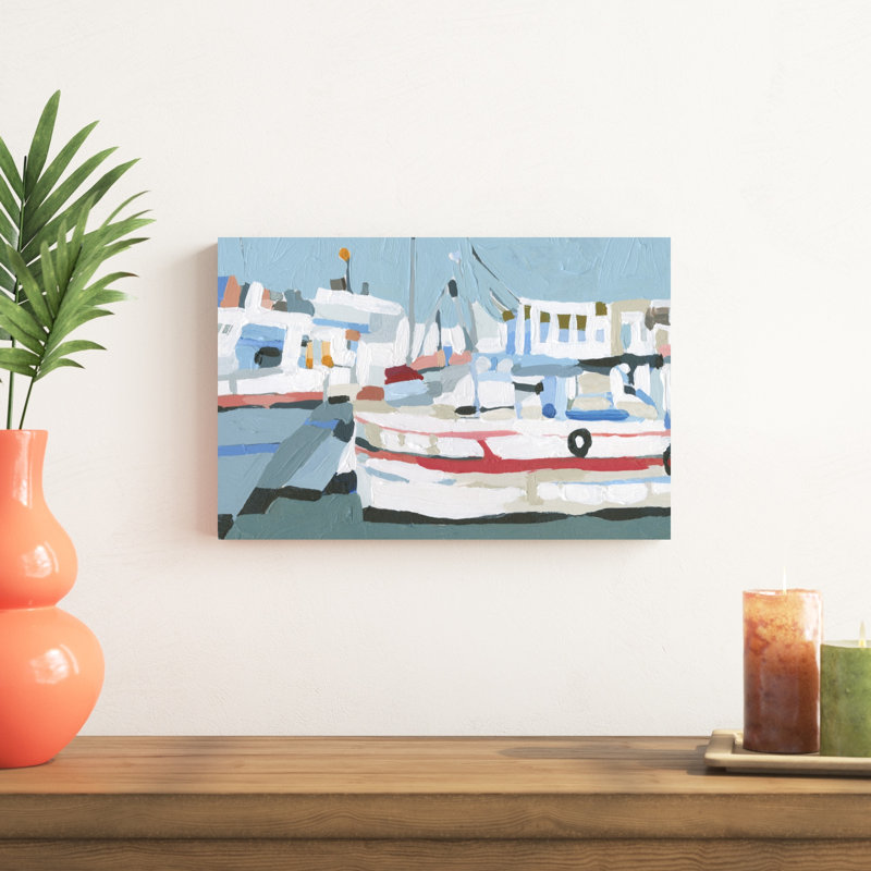 «Bright bateaux I» par Emma Caroline - peinture sur toile tendue, H 12 po x l 18 po