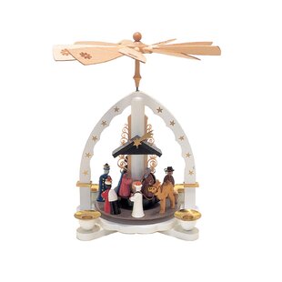 Wood Nativity and Wise men Scene in White Pyramid Wood and Metal Candelabra