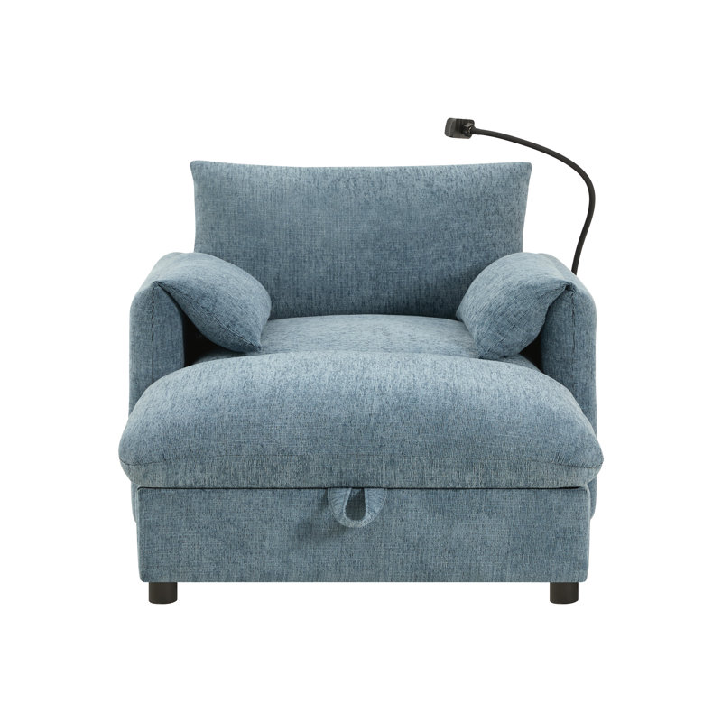 Canapé simple de 38 po avec repose-pieds de rangement, support de téléphone réglable, chargeur USB, poches de rangement latérales, accoudoirs en forme d'oreiller, chaise longue à siège large