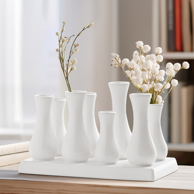 Modern Gloss White Ceramic 8-Tube Bud Vase with Connected Base