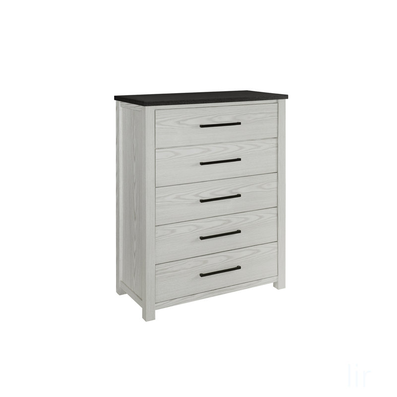 Commode beige Avery avec plateau brun foncé, tiroirs spacieux et poignées noires pour des solutions de rangement élégantes.