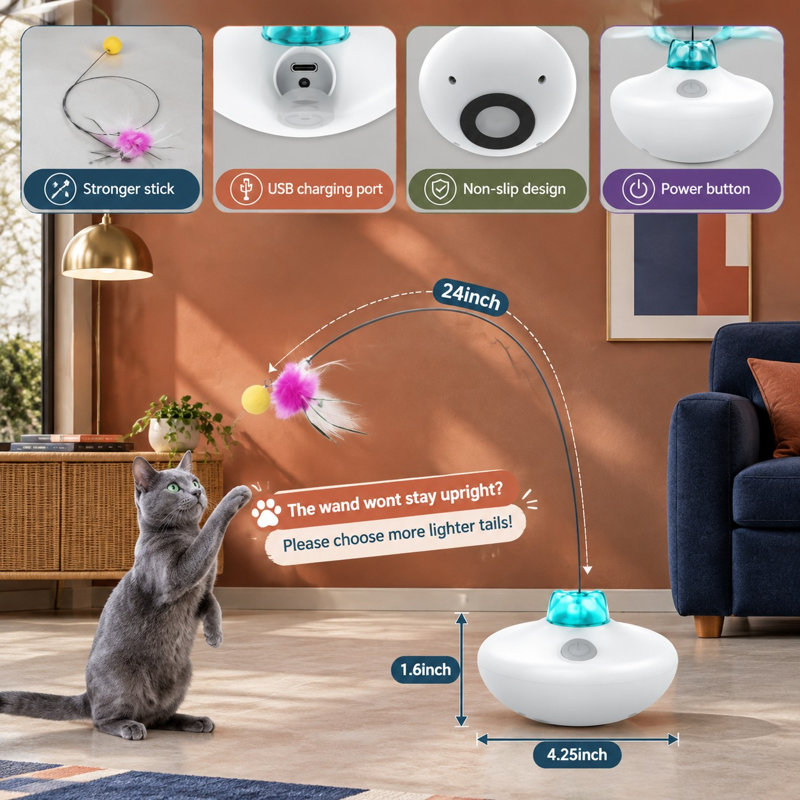 Un mécanisme automatique rechargeable alimente ce jouet d'intérieur pour chat en plumes mobiles, qui utilise une base vacillante en plumes volantes, une baguette en plumes très longues et une queue de bricolage.