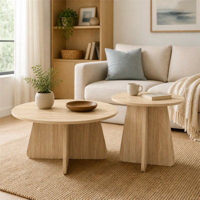 Ensemble de tables d'appoint gigognes rondes en bois naturel, structure unique à pieds croisés, style rétro, parfait pour le salon et la salle à manger