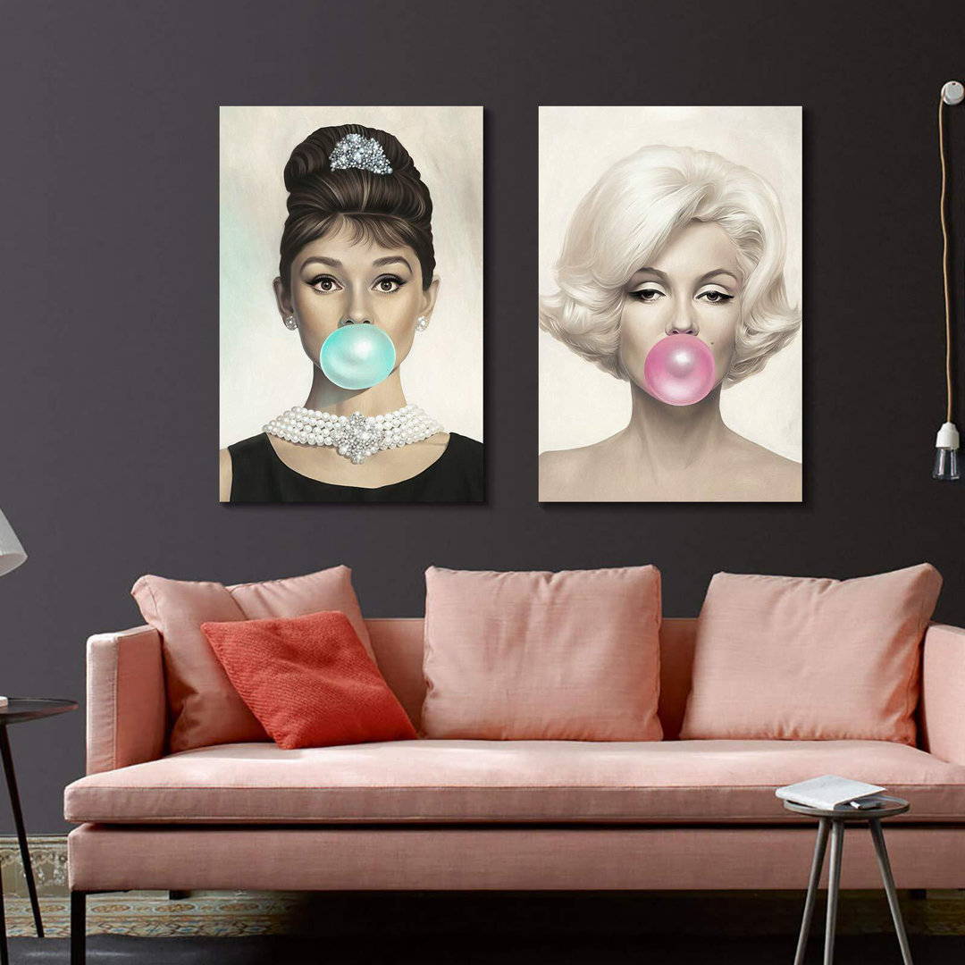 " Audrey Hepburn, Marilyn Monroe Bubble Gum - 2 Piece Wrapped Canvas Print Set " 2 - Pieces Mercer41 
