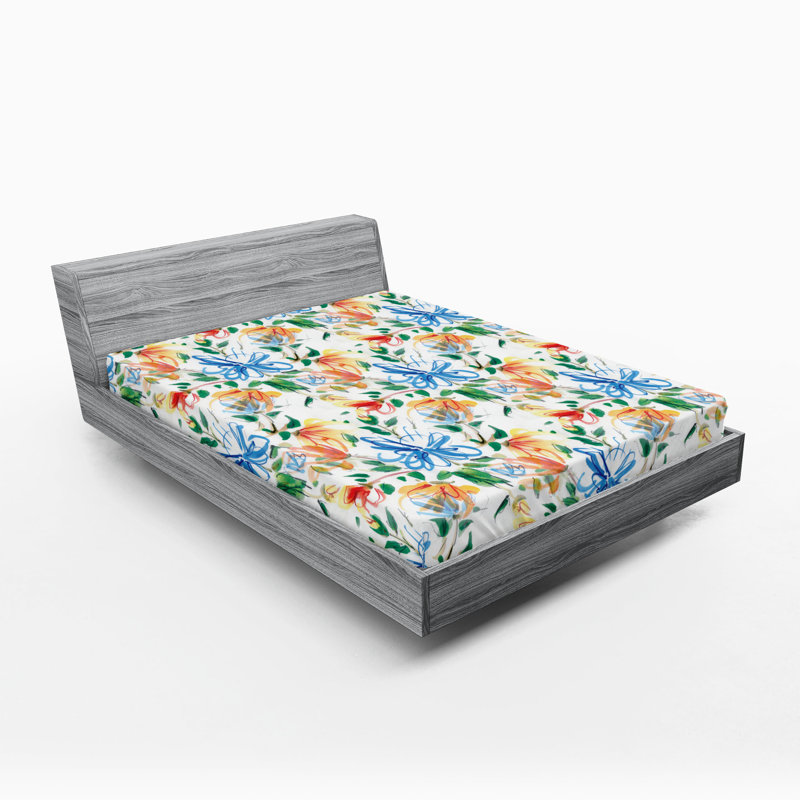 Drap-housse Ambesonne, Bleu ciel profond, vert foncé / floral, Drap-housse très grand californien