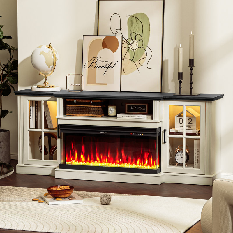 70" 3-sided Fireplace Tv Stand For Tvs Up To 80", Entertainment Center With 34" Electric Fireplace,led Light Tv Consoles For Living Room,farmhouse Highboy Media Console W/glass Door Cabinet