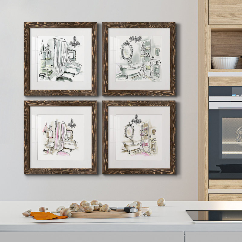 «Opulent Bath I», ensemble de 4 peintures sur toile encadrées, H 17 po x l 34 po x P 1,5 po, Cadre noyer