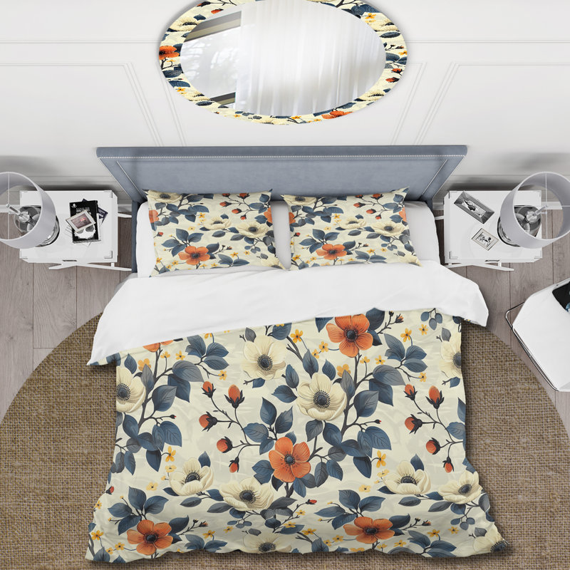 Orange bleu rétro floral - Ensemble de housse de couette rétro floral, Housse de couette très grand + 2 très grandes ta