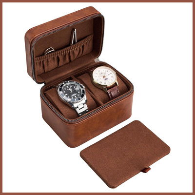 2-Slot PU Leather Travel Watch Case, Portable Watch Holder for Luxury & Smart Watches with Jewelry Compartment, Brown