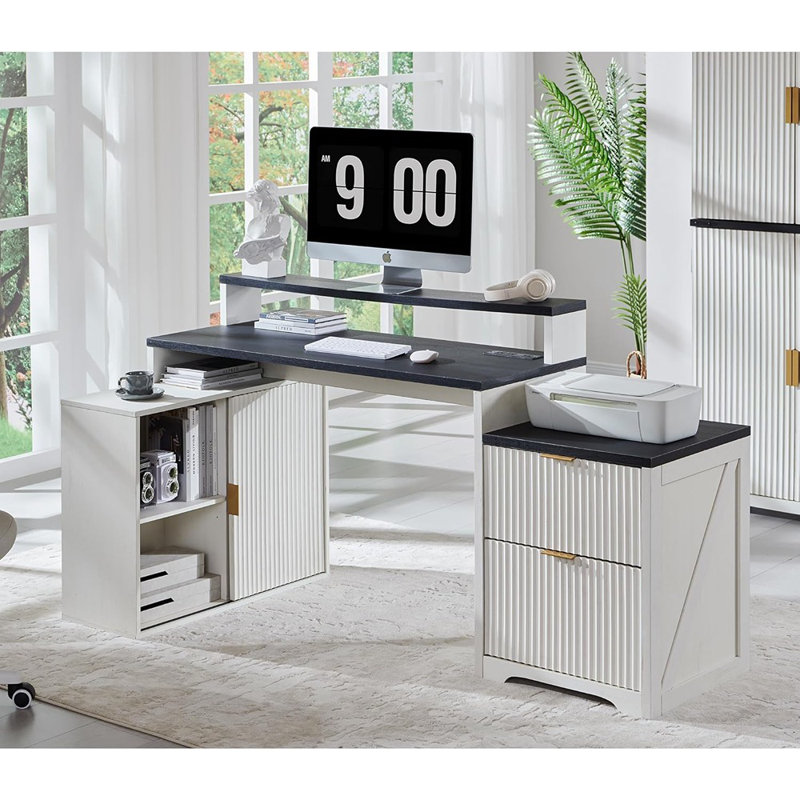 67" L Shaped Desk With Drawers And Power Outlet, Home Office Computer Desk With Monitor Stand, Storage Cabinet, Black/White