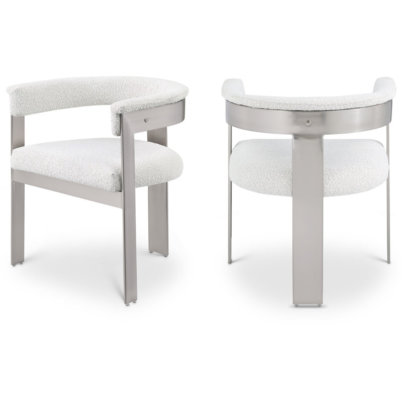 Chaise avec accoudoirs sans dossier rembourrée Romeo, Tissu crème bouclé, Chrome brossé