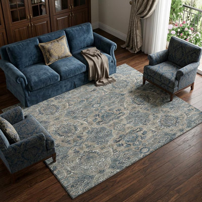 Tapis bleu délavé 9 pi x 12 pi avec motif floral bleu et gris délavé à médaillon avec protection UV