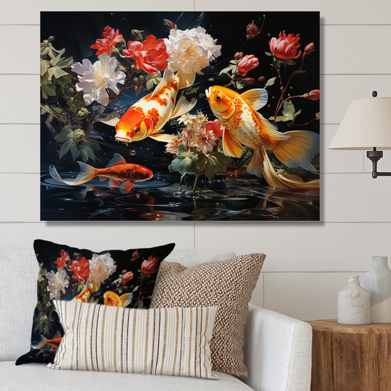Japon jaune et rouge doré Koi I sur toile, H 24 po x l 32 po x P 1 po, Toile tendue